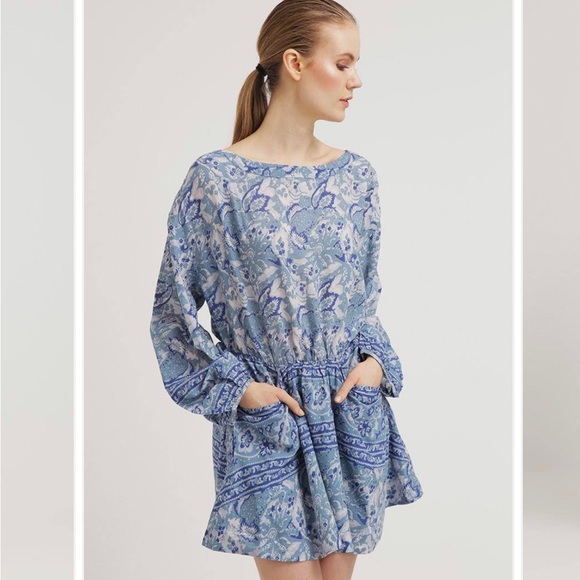 Free People Washed Blue Silver Sun Floral Blouson Open Back Mini Dress Size XS - Picture 9 of 16